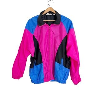 Vintage 90’s Pink and Blue Women's Zip Up Windbreaker Jacket Vibrant Pockets